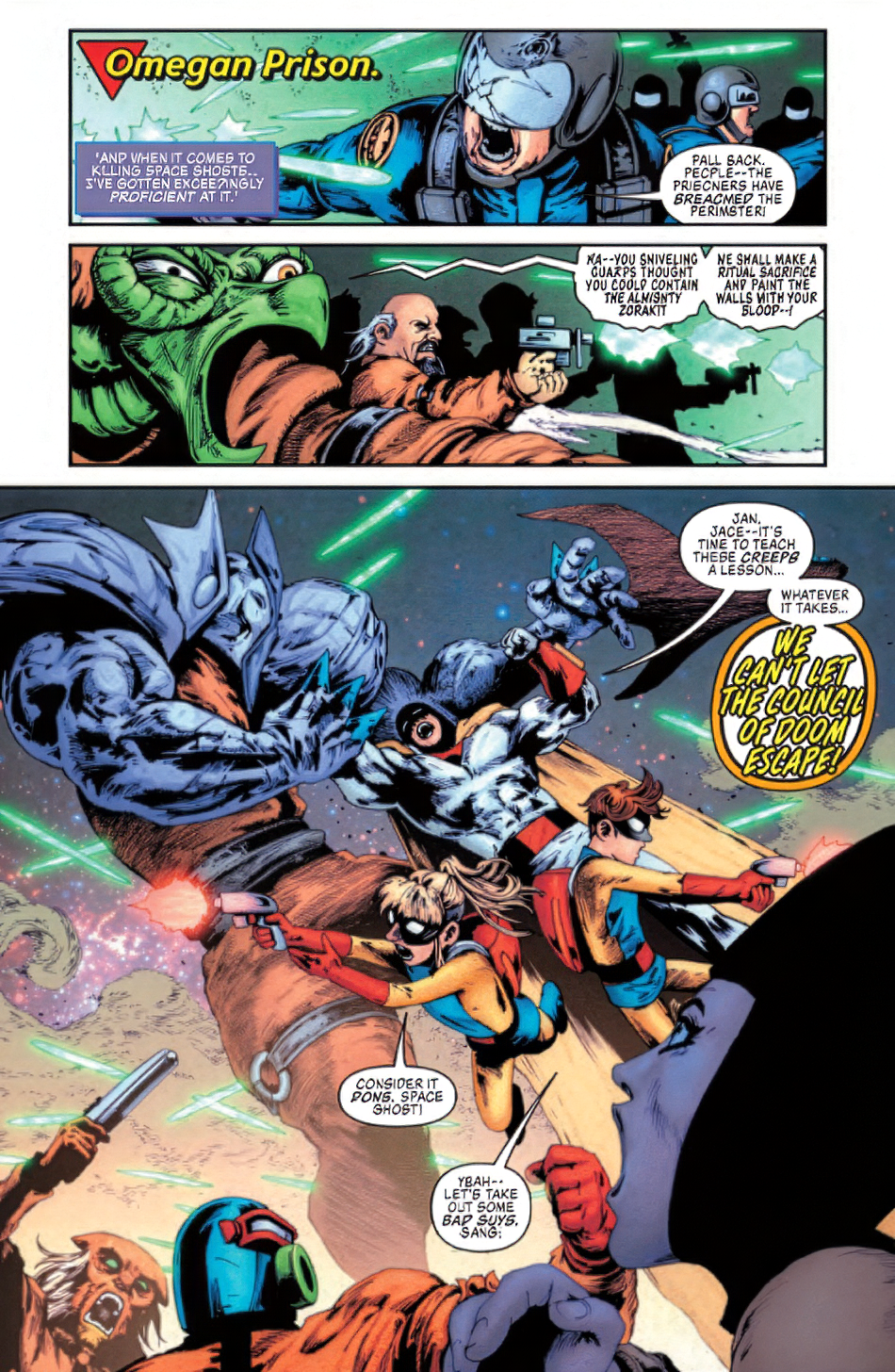 A chaotic battle scene at Omegan Prison with armored heroes and villains fighting amidst explosions and energy blasts; characters exchange urgent dialogue about preventing an escape.