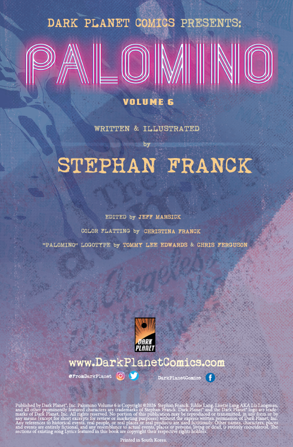 Cover of "PALOMINO Volume 6" by Stephan Franck, displaying title, credits, publisher info, and a faint illustrated background in shades of purple and blue.