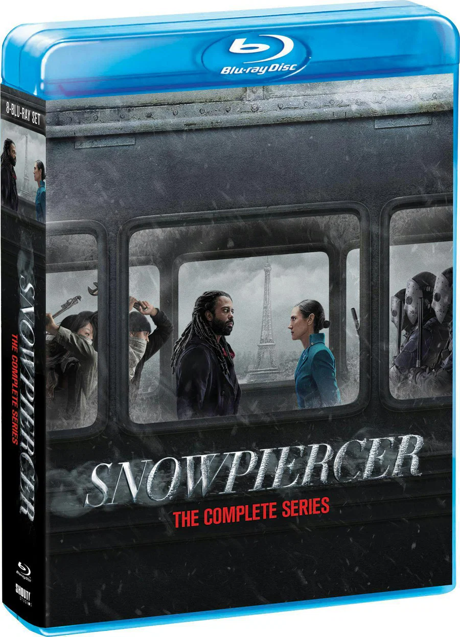 Blu-ray cover for "Snowpiercer: The Complete Series," featuring two main characters facing each other inside a train, with the Eiffel Tower visible through a window.