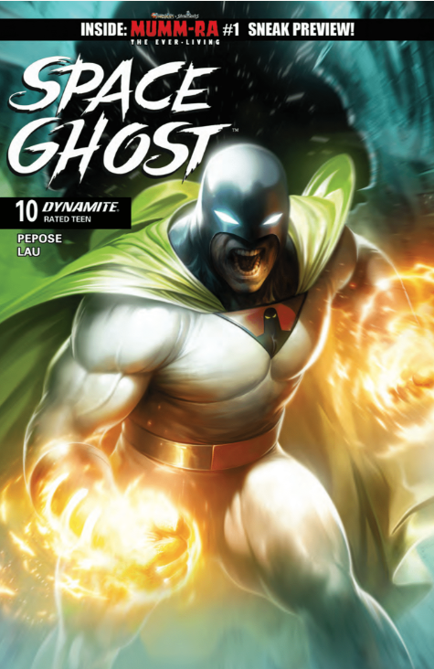 Comic book cover of Space Ghost issue #10 shows the superhero in a white suit with a cape, fists glowing with energy, against a dynamic, colorful background.