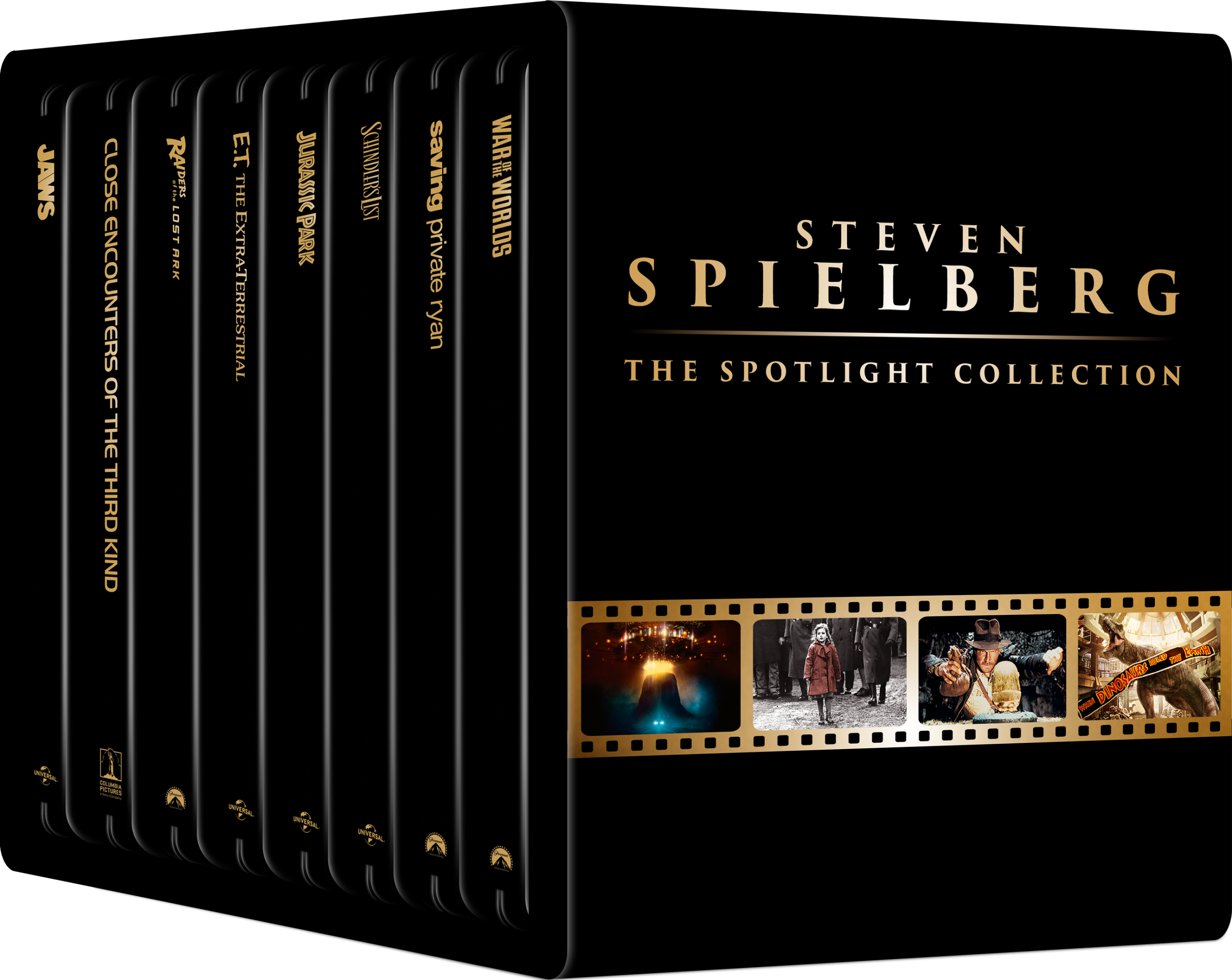 Box set titled "Steven Spielberg: The Spotlight Collection" featuring seven DVD cases of Spielberg films, including Jaws, E.T., Jurassic Park, and others.