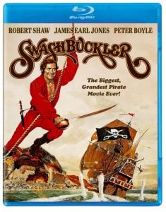 Blu-ray cover for "Swashbuckler" featuring a man in red with a sword, pirate ship with black sails, and the tagline “The Biggest, Grandest Pirate Movie Ever!”.