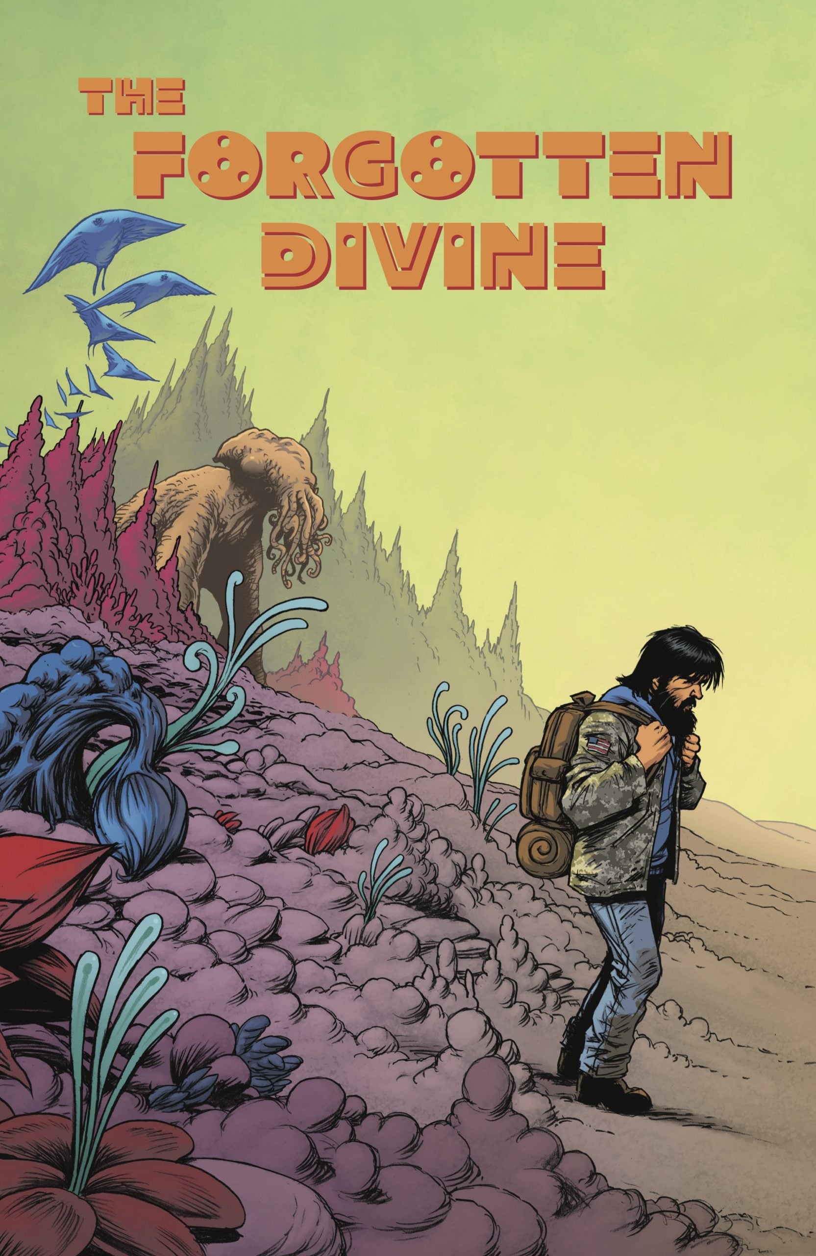 A person with a backpack walks through an alien landscape with colorful plants and creatures; text reads "The Forgotten Divine.