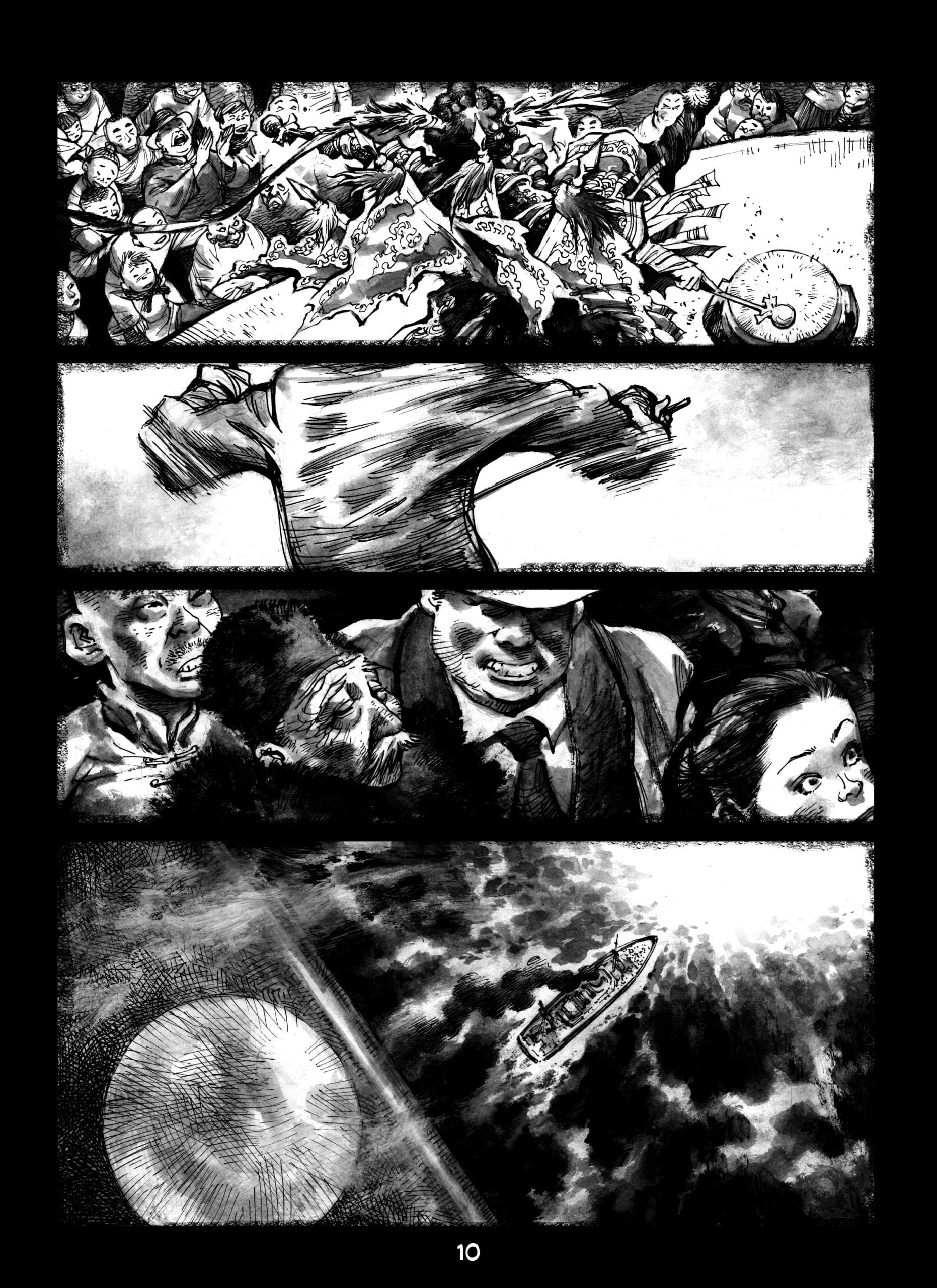 Four black-and-white comic panels: people crowd around a map, a person points dramatically, a group looks alarmed, and a boat sails towards a bright light on turbulent water.