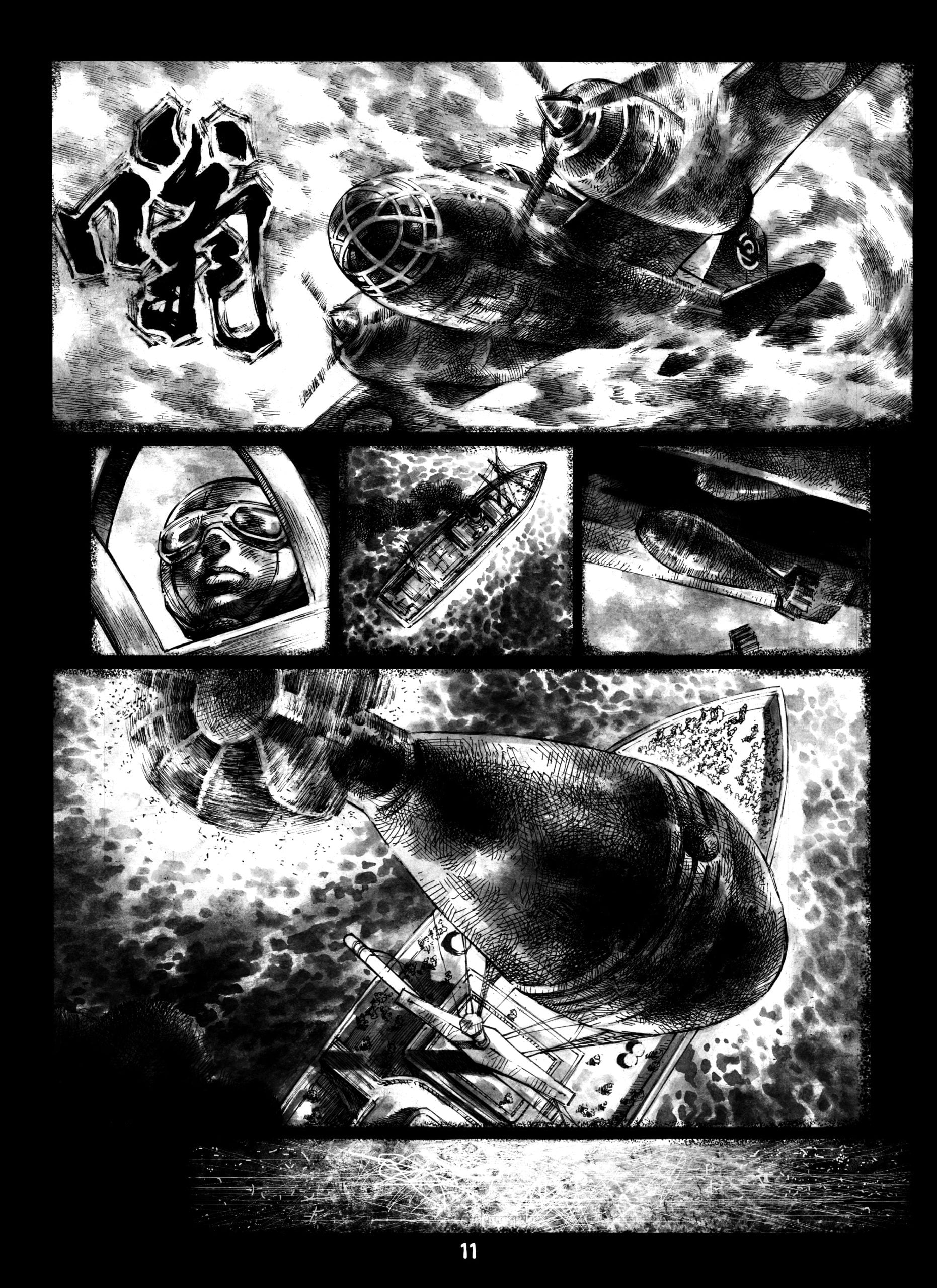 A manga page depicts a World War II-era fighter plane in flight, a pilot in goggles, a naval ship, and a dramatic aerial battle over the ocean.