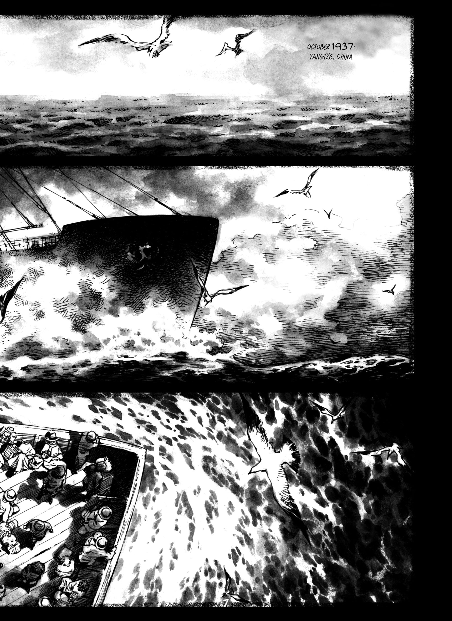 Three black-and-white panels show seagulls flying over a rough sea near a ship. The bottom panel depicts people crowded together on a lifeboat. Text reads: "October 1037, Tangier, Ghana.