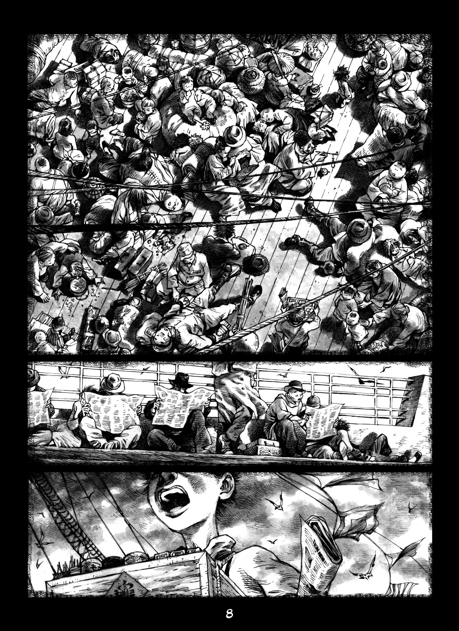 A crowd gathers and fights on a wooden deck in the top two panels, while people read newspapers on benches and a person shouts while holding a newspaper in the bottom panels.