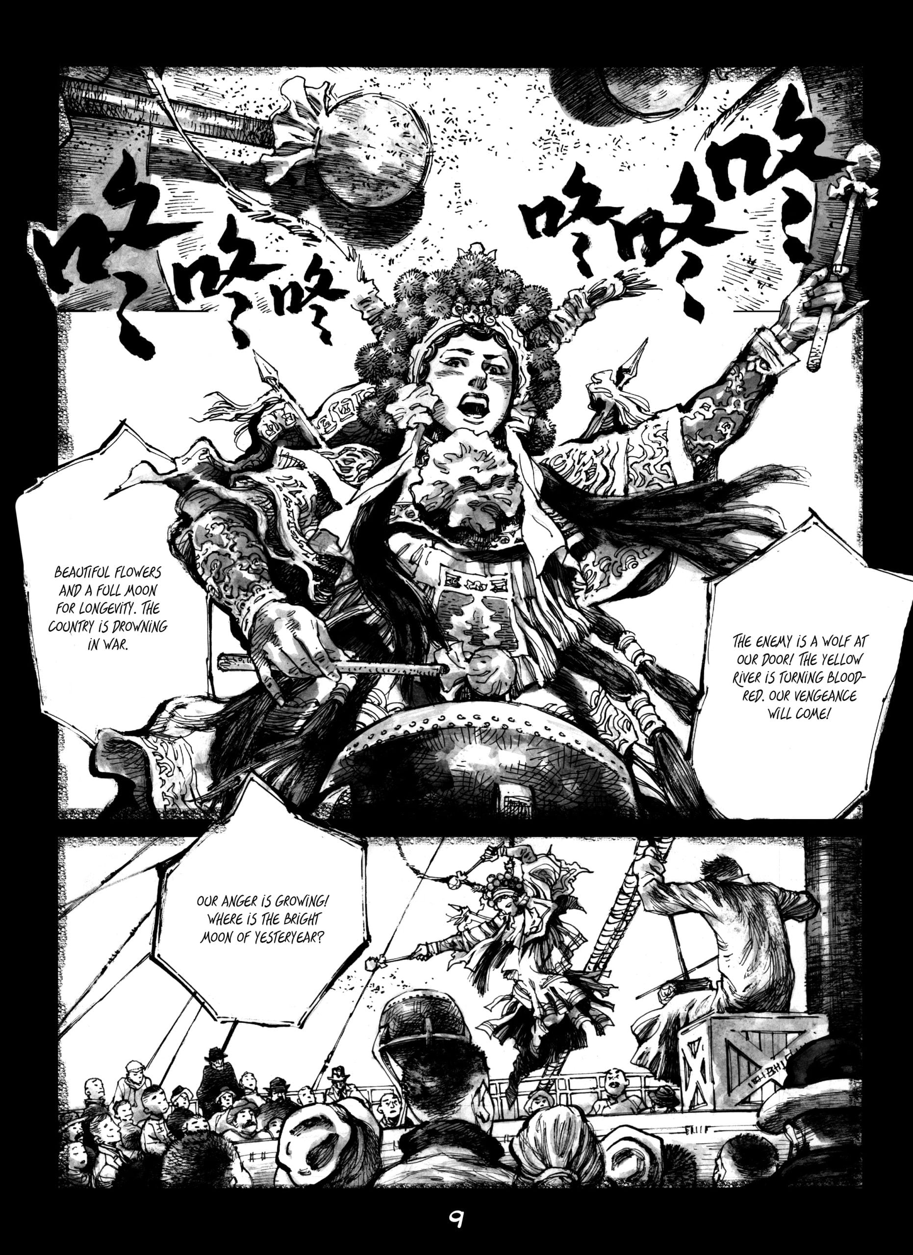 A performer in elaborate costume sings passionately on stage, with musicians in the background and a large audience watching; speech bubbles contain dramatic dialogue.