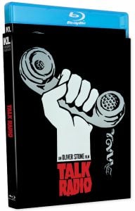 Blu-ray cover for "Talk Radio," featuring an illustration of a hand gripping a rotary phone receiver, with bold red text and black background.