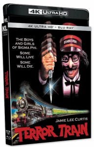 4K Ultra HD Blu-ray cover for "Terror Train" featuring a masked conductor holding a syringe, a train labeled "Union Atlantic," and the tagline: "The boys and girls of Sigma Phi. Some will live. Some will die.