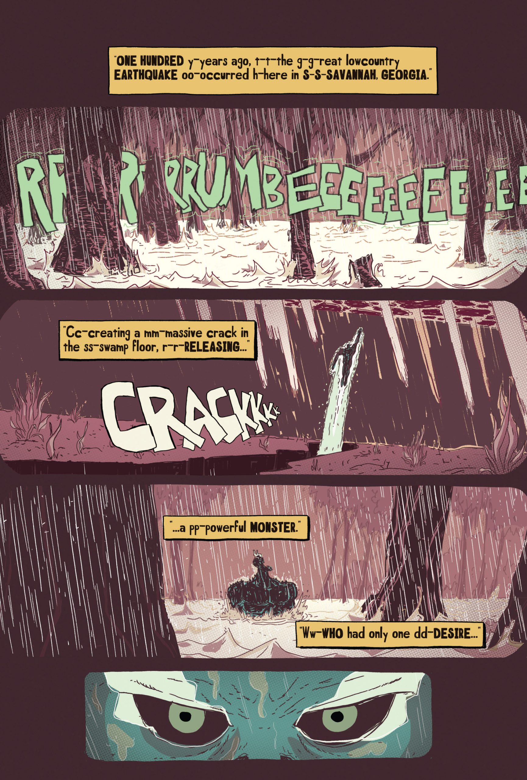 Comic panels show a swamp in heavy rain, a loud crack, and a creature emerging from the water, with captions narrating a historic earthquake in Savannah, Georgia.