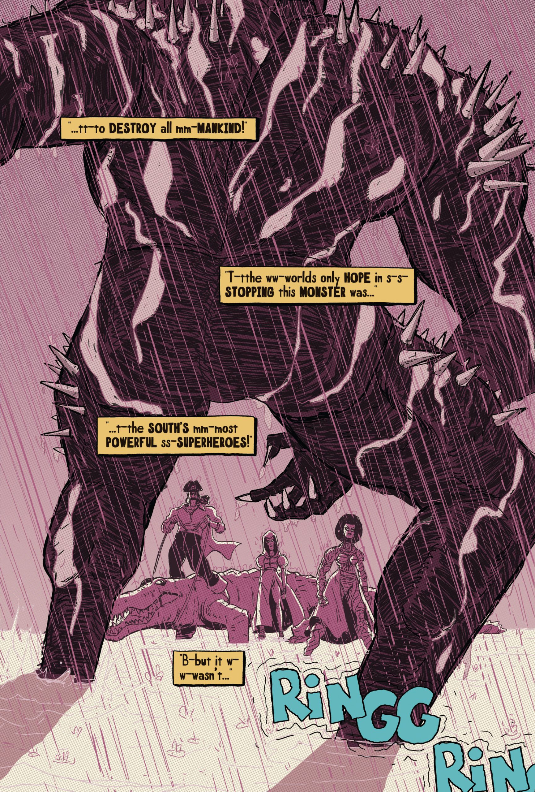 A giant spiked monster towers over three superheroes and a fallen dinosaur in the rain, with comic-style narration boxes describing the scene.