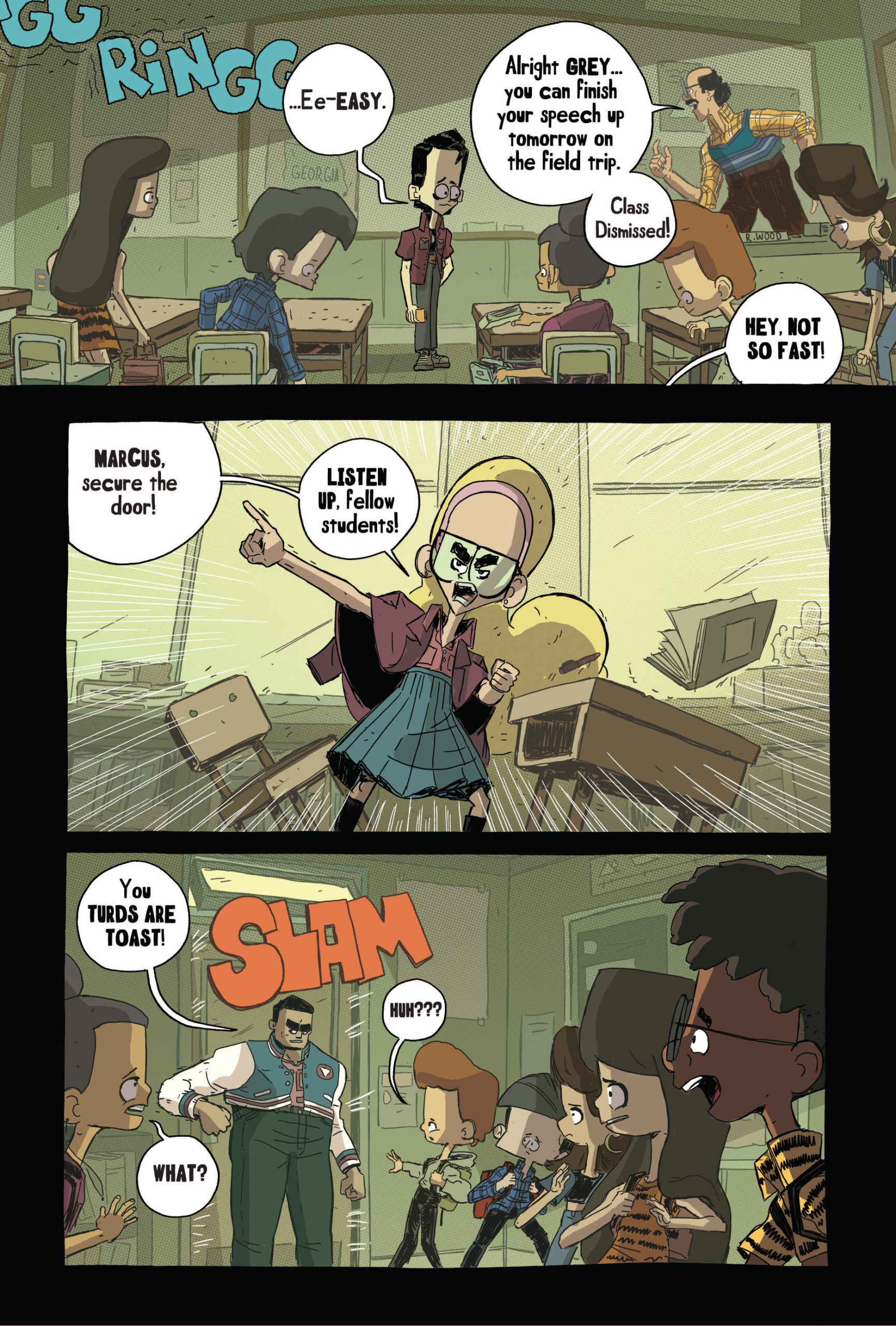 A teacher dismisses a classroom, a student takes charge and orders students to secure the door, then a man bursts in, startling the students.