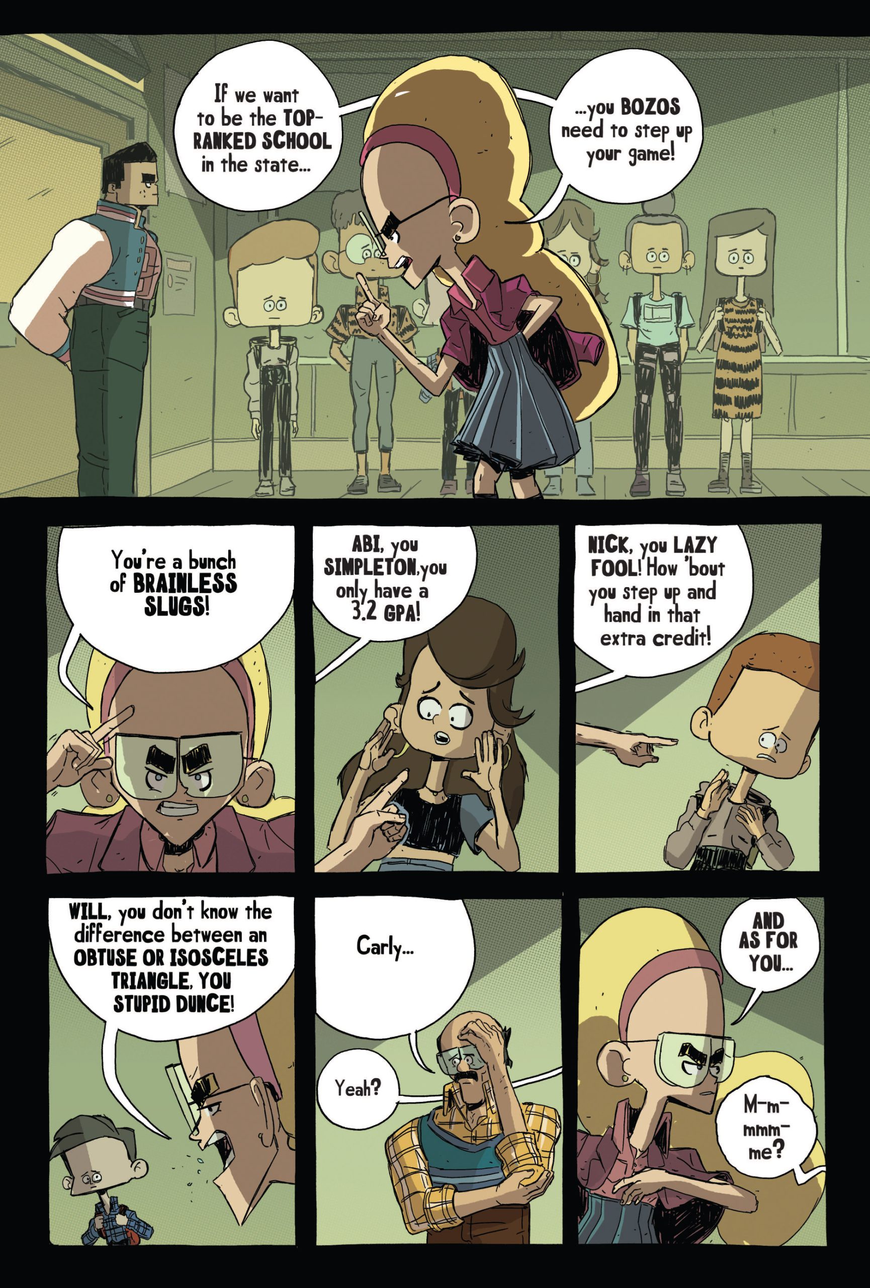 A stern teacher in glasses angrily lectures a group of students in a classroom, criticizing their academic performance with exaggerated expressions.