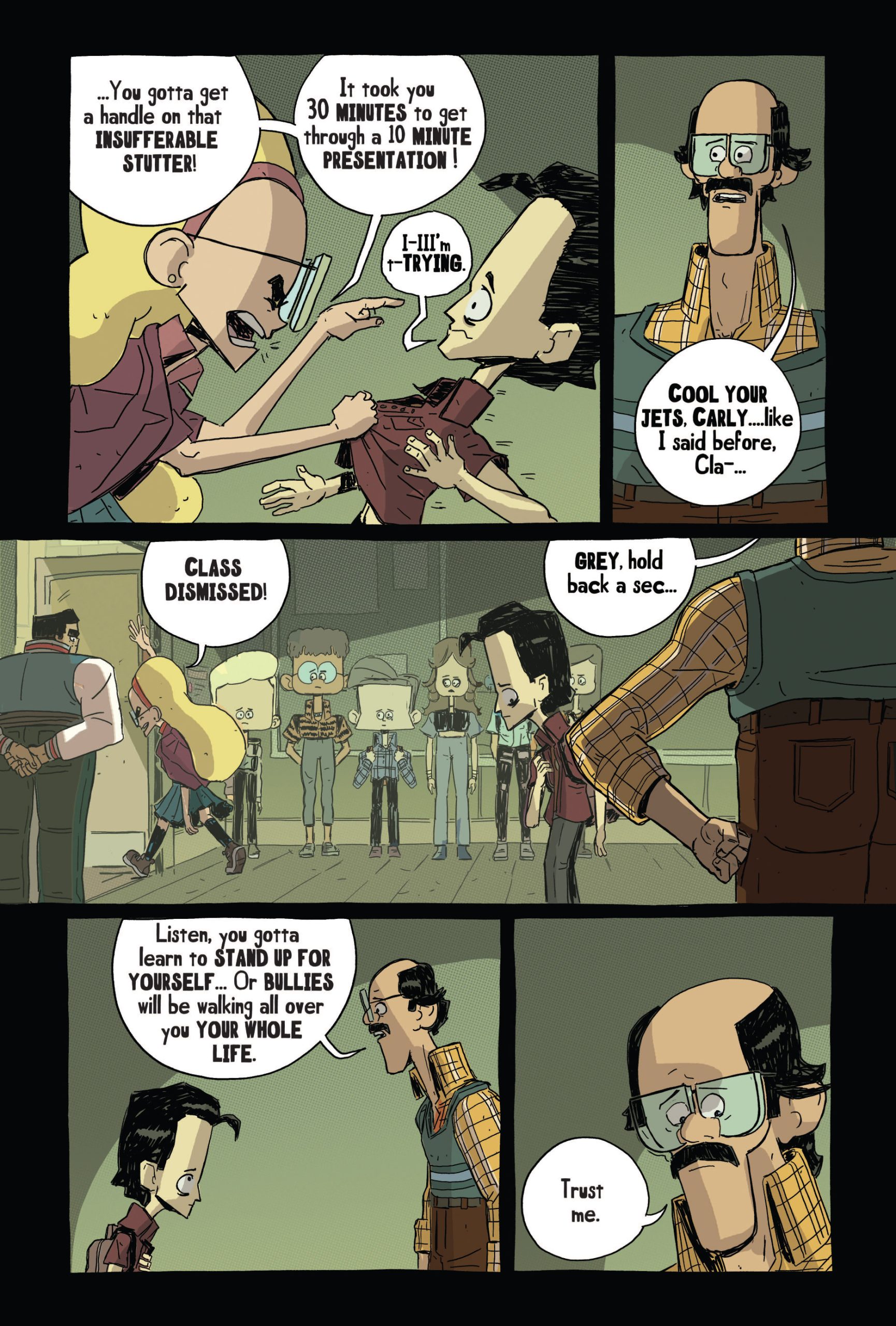 A teacher confronts a student with a stutter in a classroom while classmates watch. The teacher dismisses the class and gives advice to the student in the hallway.