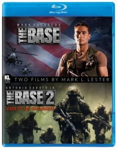 Blu-ray cover featuring "The Base" with a man in military gear against an American flag, and "The Base 2: Guilty As Charged" with armed soldiers in tactical gear.