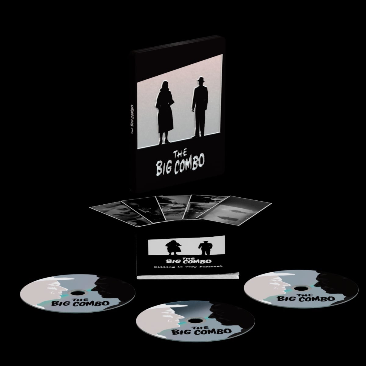 Box set of "The Big Combo" includes a case with silhouette artwork, six photo cards, and four discs arranged in front, all featuring film-related designs on a black background.