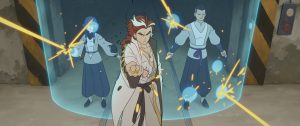Three animated characters stand behind a blue force field deflecting orange energy blasts in an industrial setting; the front character is in a fighting stance.