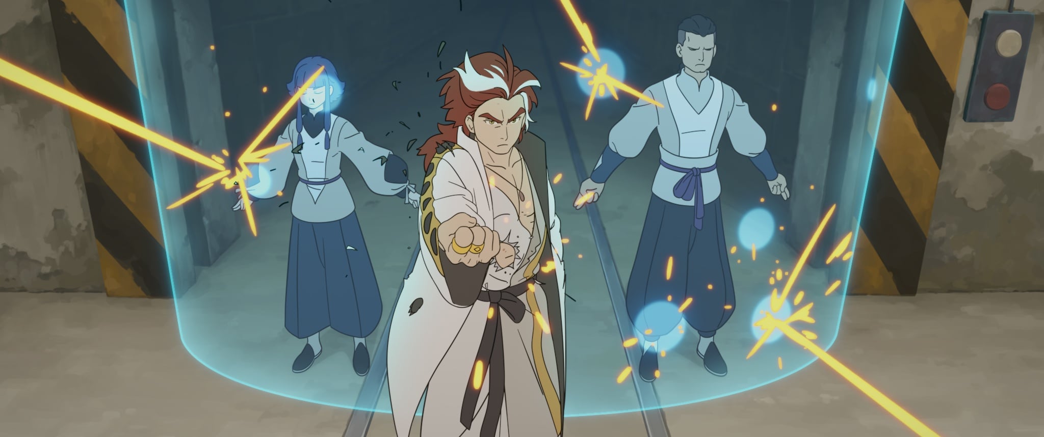 Three animated characters stand behind a blue force field deflecting orange energy blasts in an industrial setting; the front character is in a fighting stance.