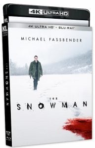 4K Ultra HD Blu-ray cover of "The Snowman," featuring a man walking in snow with bloodstains and a snowy forest in the background.