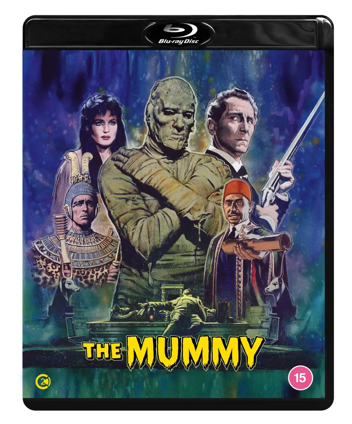 Blu-ray cover for "The Mummy" featuring illustrated characters including a mummy, a woman, two men, and an Egyptian figure, with a dark, atmospheric background.