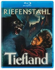 Blu-ray cover of "Tiefland" featuring illustrated man in red fending off a snarling black panther, with mountains in the background and "Riefenstahl" written at the top.