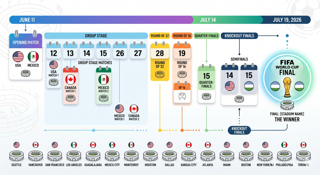 Infographic of the 2026 FIFA World Cup schedule, showing match dates, group stages, knockout rounds, and host cities, culminating in the final on July 19, 2026.