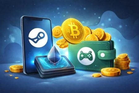 Step-by-Step Guide: Using Cryptocurrency To Fund Your Gaming Wallet A smartphone with a Steam logo, digital and cryptocurrency symbols, and a wallet with a game controller icon surrounded by gold coins.