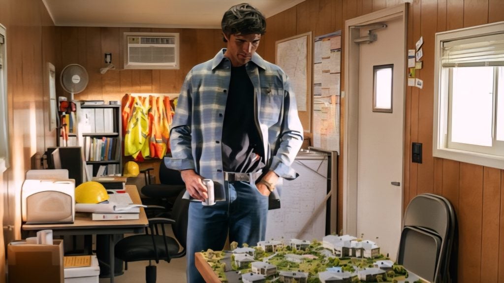 A man in a plaid shirt stands in an office, looking at an architectural model on a table. The room has wooden walls, safety gear, and office equipment.