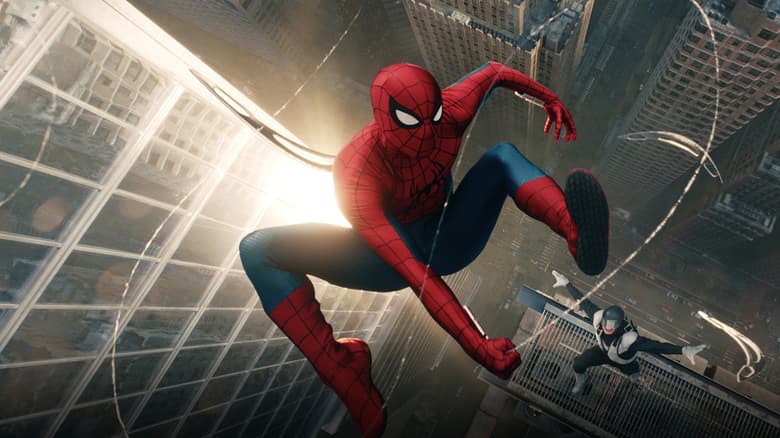 Spider-Man swings through the city high above the streets, with another masked figure in a similar costume visible on a nearby building ledge.