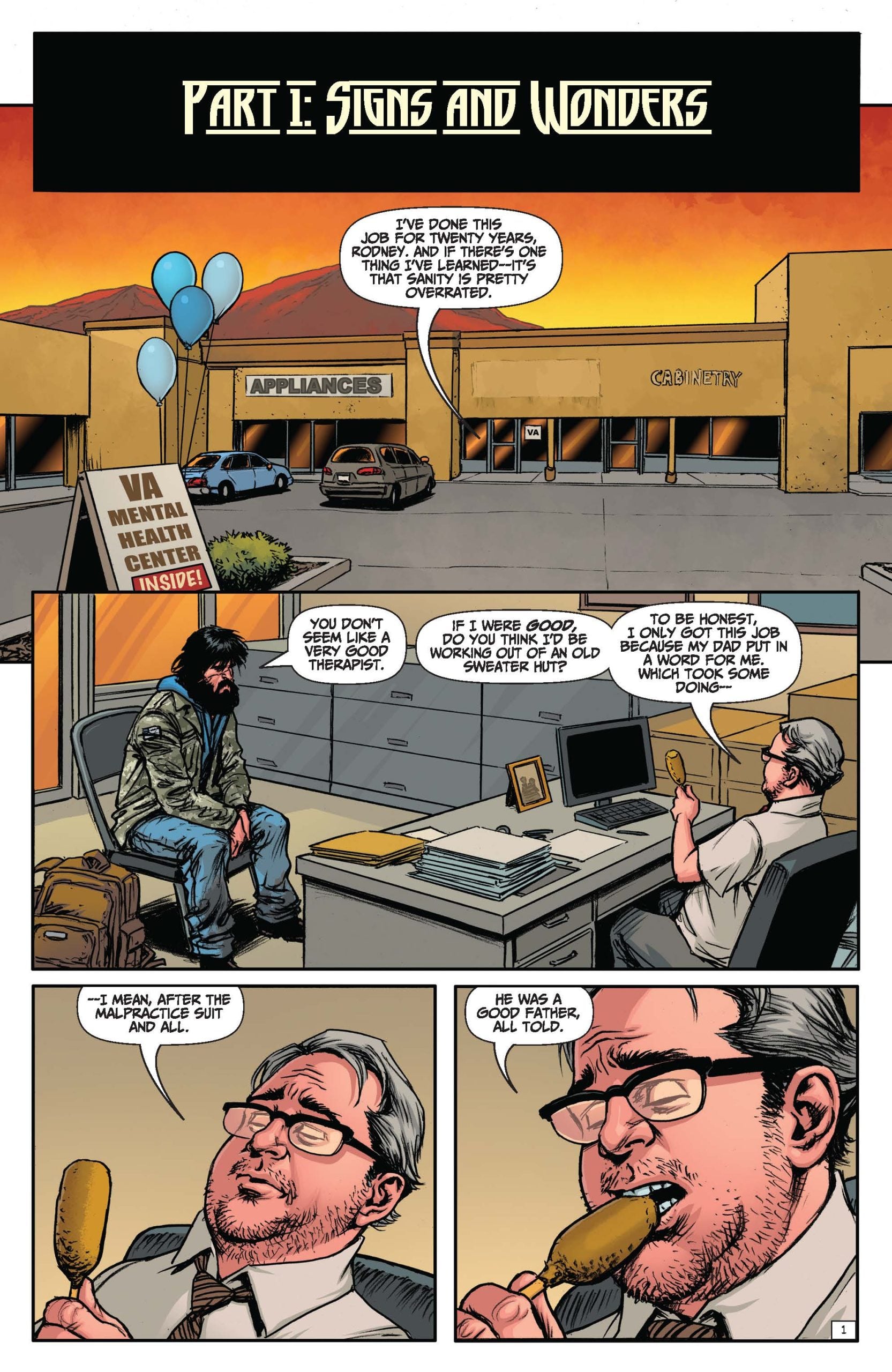 A man with a backpack sits on a bench outside a strip mall with a "VIA Mental Health Services" sign. Inside, a therapist talks and eats a corndog during a session.