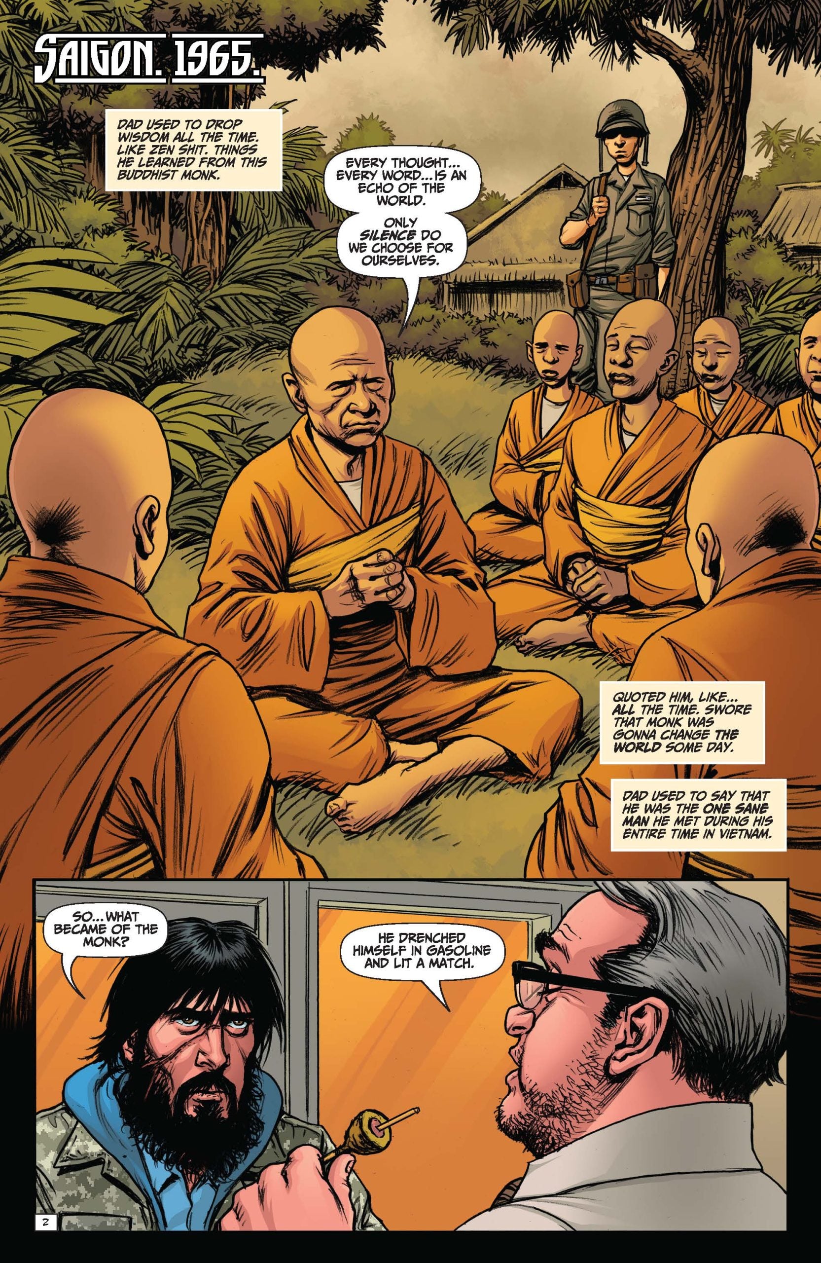 A group of Buddhist monks sit cross-legged outdoors in Saigon, 1965, listening to an elder monk, while a soldier stands nearby; two men talk in a separate, modern setting below.