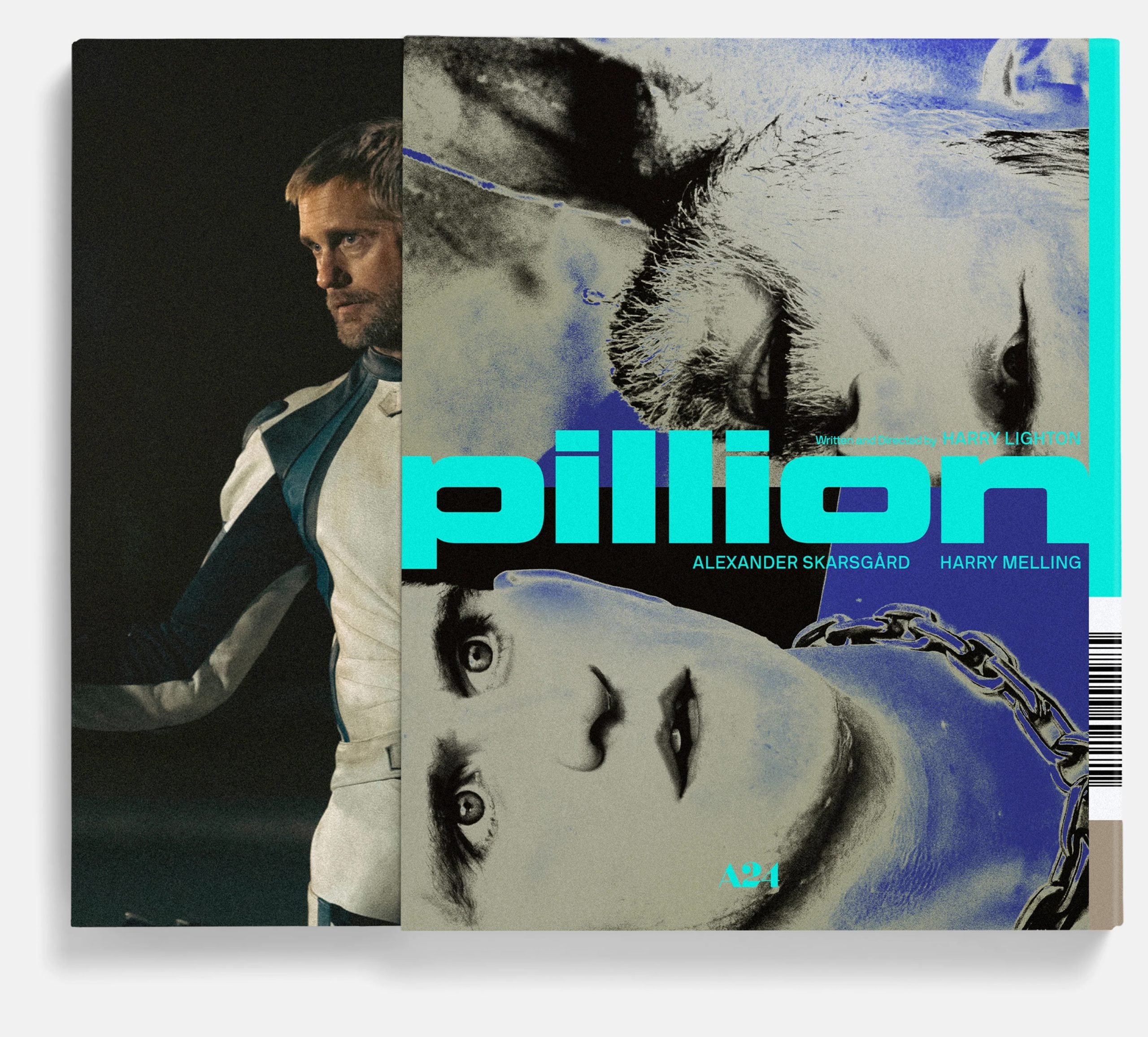 A man in a futuristic uniform stands beside a stylized, monochrome movie poster for "Pillion," featuring close-ups of faces, chains, and bold turquoise text.