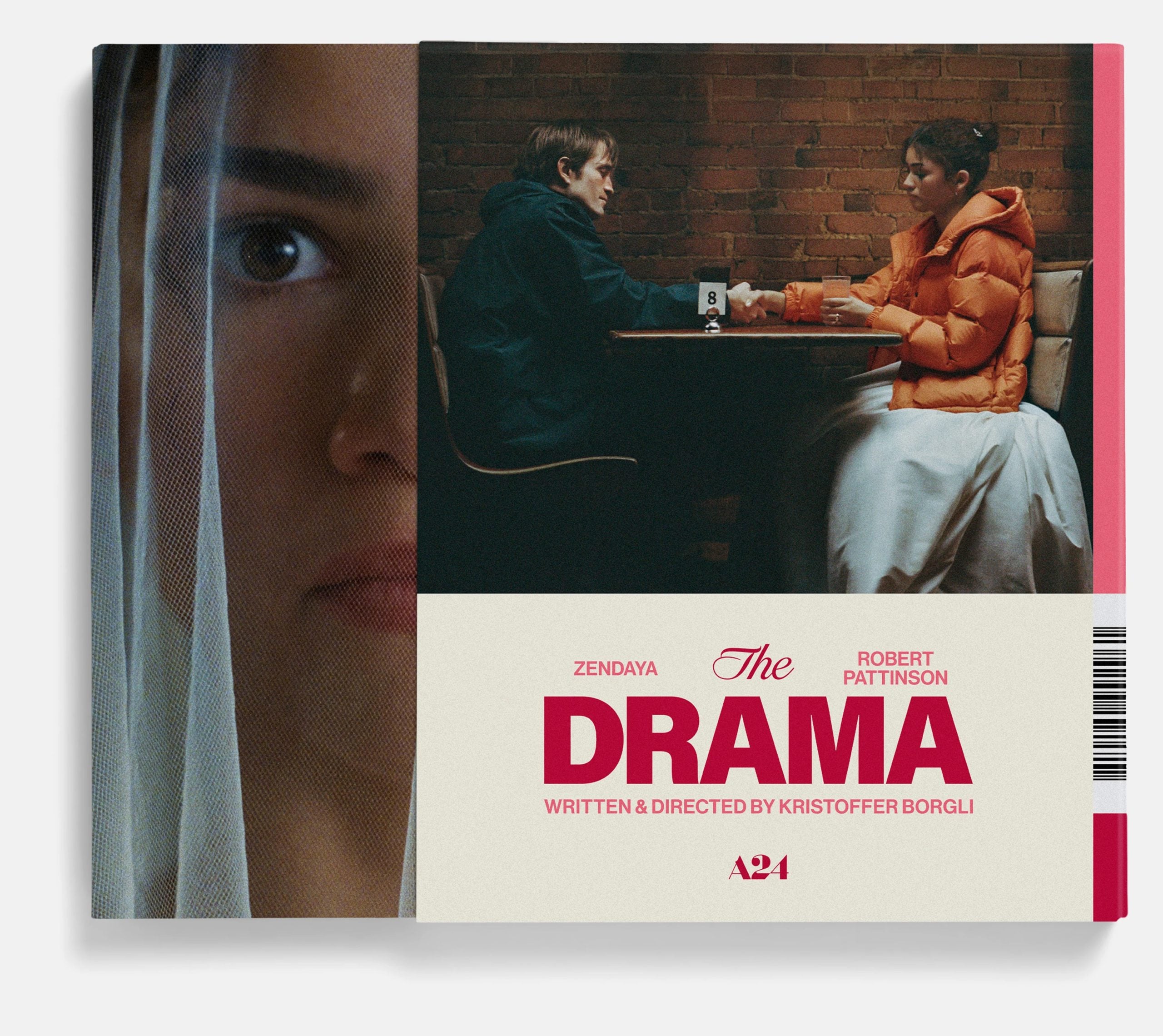 A movie poster shows a split image: on the left, a close-up of a woman's face behind a veil; on the right, two people sit at a table in conversation. The title reads "The Drama.
