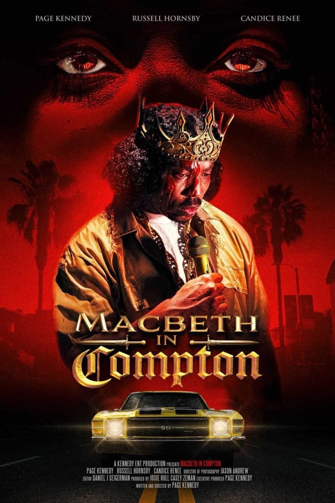 A man wearing a crown holds a microphone, standing in front of a car with the title 'Macbeth in Compton' below. Red-toned image features eyes looking down from above.