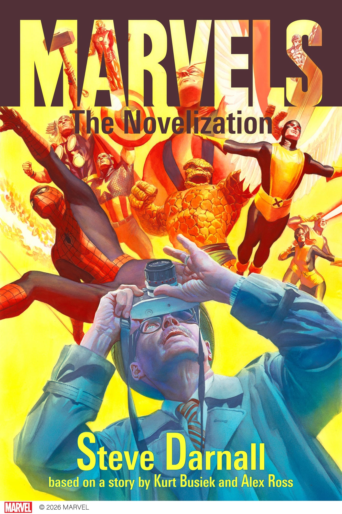A group of Marvel superheroes, including Spider-Man and the Human Torch, appear in vibrant colors above a man in glasses taking a photograph; text reads "MARVELS The Novelization.
