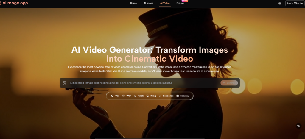 Silhouetted female pilot holding a model plane and smiling against a golden sunset, with website text about an AI video generator overlayed.