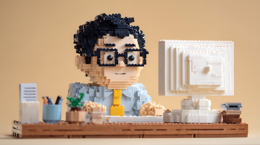 A LEGO figurine of a person with glasses and dark hair sits at a desk with a computer, office supplies, and a small plant, against a beige background.