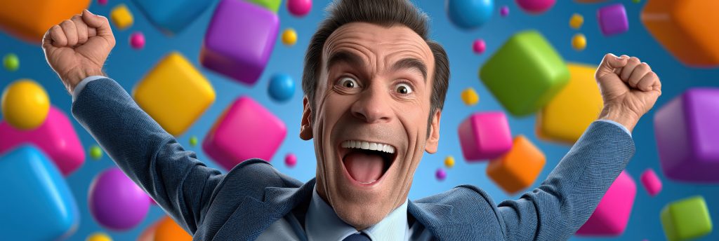 Man in a suit smiling widely with arms raised, surrounded by floating colorful geometric shapes on a blue background.