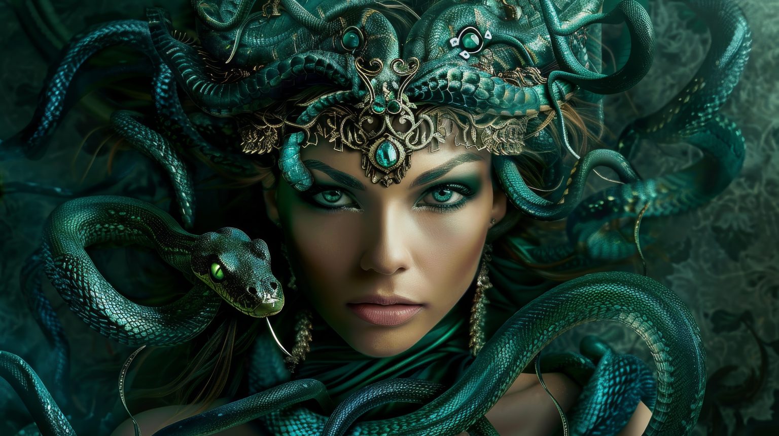 A New Medusa Horror Movie Is Now In The Works A woman with green eyes wearing a jeweled headpiece is surrounded by snakes that appear to emerge from her head, resembling the mythical Medusa.