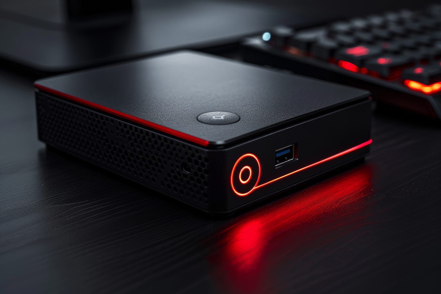 A compact black mini PC with red LED lighting sits on a desk near a keyboard, featuring a power button and a front-facing USB port.