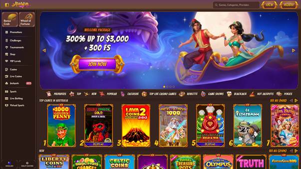Screenshot of an online casino homepage with an Aladdin theme, showing a welcome bonus banner and various slot game options displayed in a grid below.