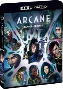 4K Ultra HD box cover for "Arcane: League of Legends, Season Two," featuring illustrated portraits of main characters on a vibrant, dramatic background.