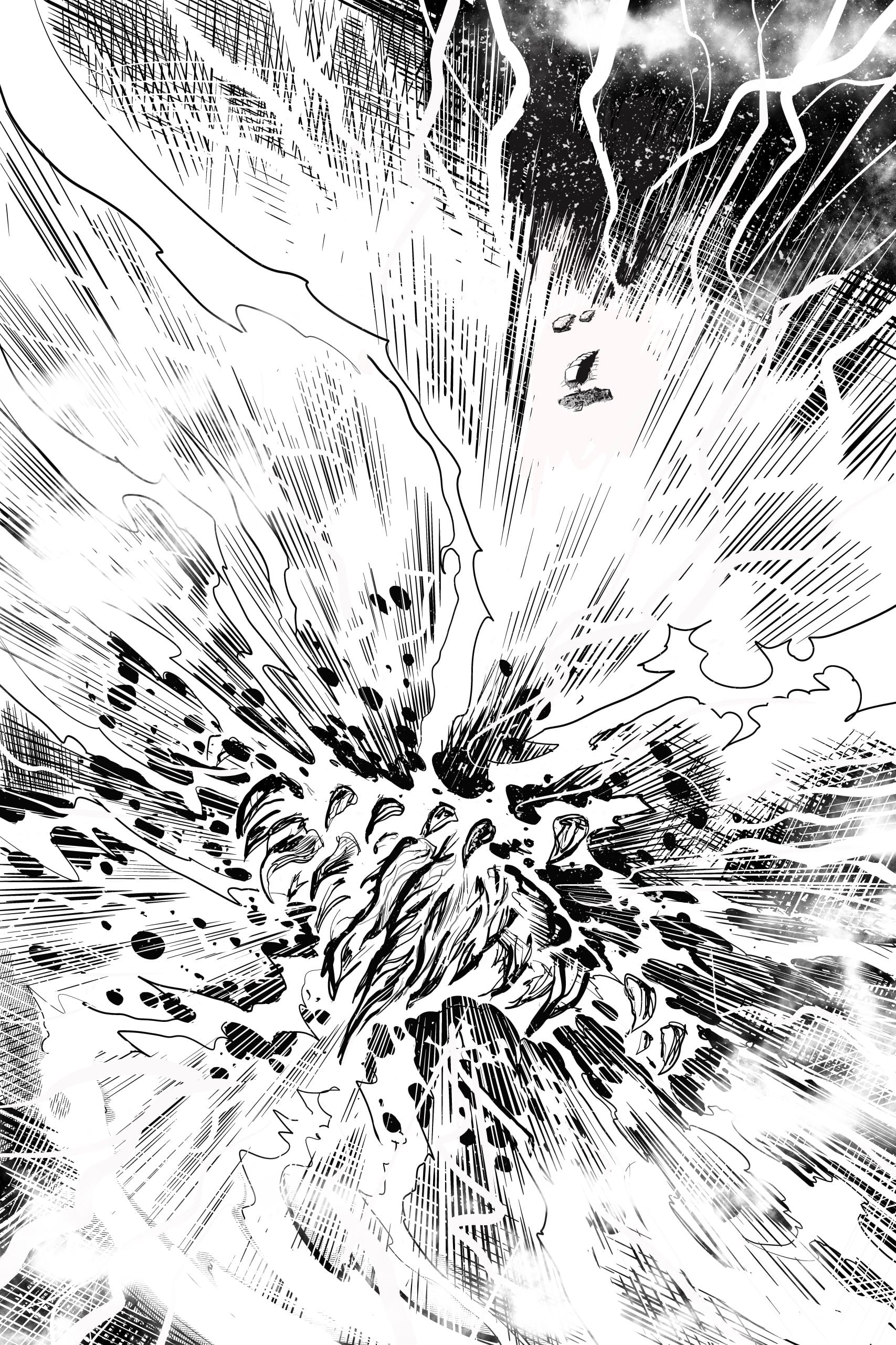 A black and white manga-style illustration shows a powerful explosion with debris and energy radiating outward from a central point.