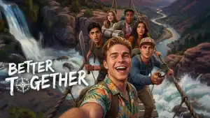 Six young adults take a selfie on a rope bridge over a river and waterfall, with mountains and trees in the background. The text "BETTER TOGETHER" appears on the left.