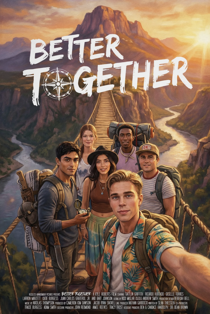 Six young adults stand on a rope bridge in a mountainous jungle, posing for a group selfie with backpacks, under the title "Better Together.