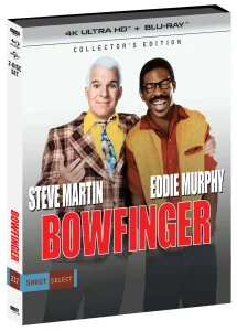 Blu-ray cover of "Bowfinger" featuring Steve Martin and Eddie Murphy standing side by side, smiling, with the movie title in large red letters.