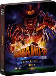 A menacing mummy in a cowboy hat looms over a house at night, with large insects and neon "Bubba Ho-Tep" movie title in the foreground.