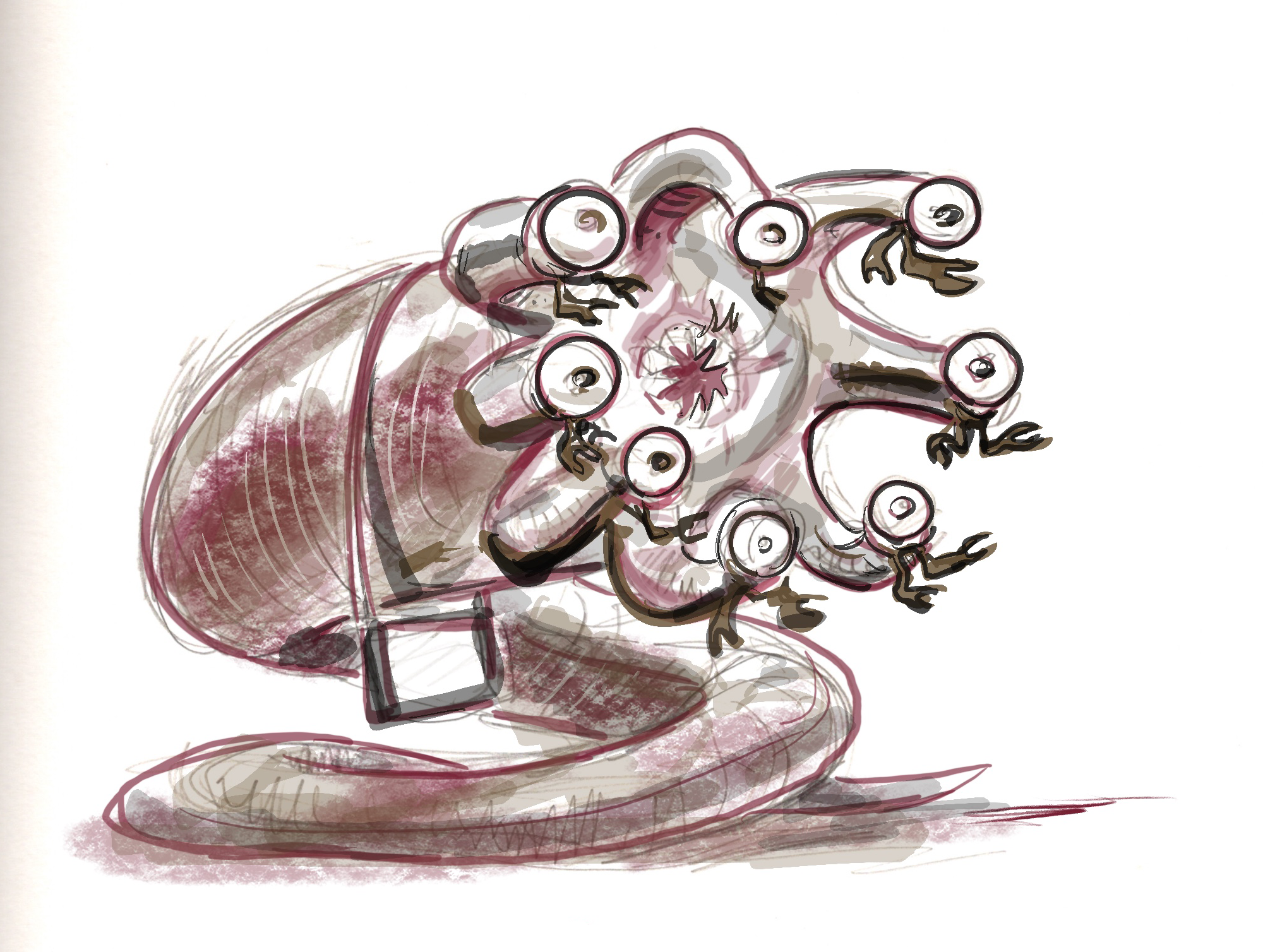 A creature with a serpentine body, multiple arms ending in eyeballs, and a circular mouth with sharp teeth sits on the ground.