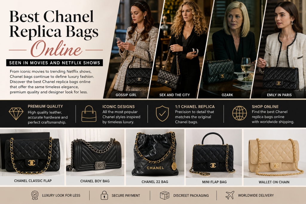 A promotional graphic displaying four women from TV shows with Chanel replica bags, product images, and features of purchasing luxury replica handbags online.